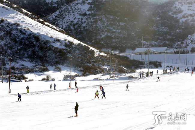 在白云國際滑雪場內，滑雪愛好者們正在初級道上感受冰雪帶來的樂趣。
